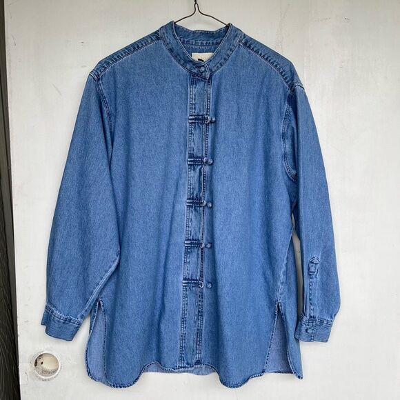VTG J. Jill Denim Mandarin Collar Frog Button Shirt Tunic Top M Hong Kong 100% C - Picture 7 of 7